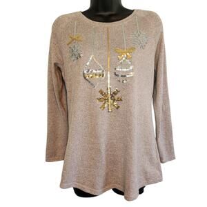 Merry Wear Christmas holiday top sequined ornaments cream heather size S
